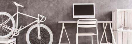 White minimalist furniture interior for hipster and bicycle