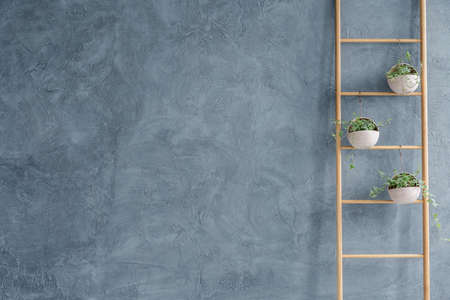 DIY wooden flower stand and grey wall stucco