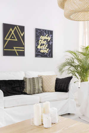 White living room with sofa and black, decorative accessories