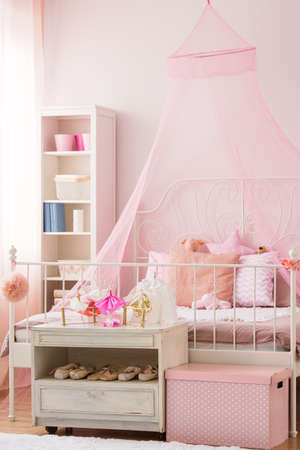 Pink girls bedroom with canopy bed and white bookshelfの写真素材