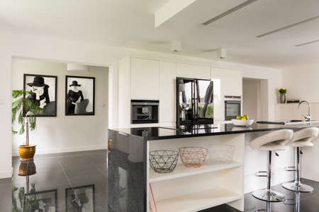 Black and white villa interior with open kitchenの写真素材