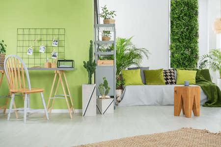 Green home interior with sofa, desk, chair and metal bookcaseの写真素材