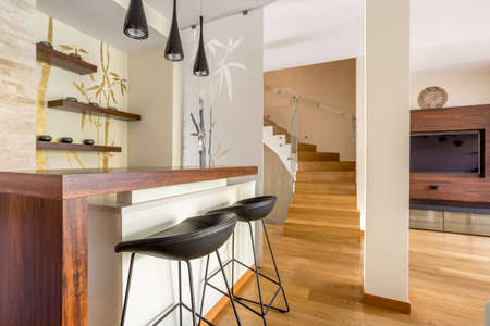 Wooden bar in stylish living room in big house