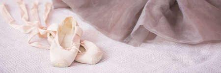 Little pink ballet shoes and piece of tulle skirtの写真素材