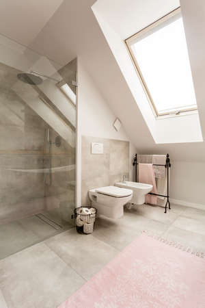 Shot of a spacious bathroom interior with glass shower cabin and a large windowの写真素材