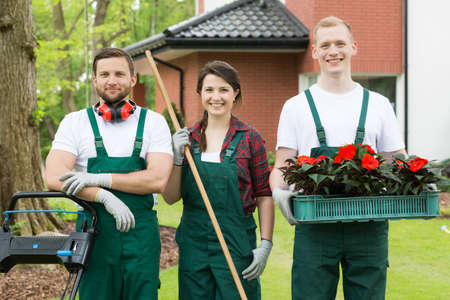 Gardeners with the box full of flower plants, gardening tools and the lawn mowerの写真素材