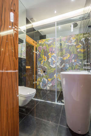 Stylish designed bathroom with wooden door and colorful tilesの写真素材