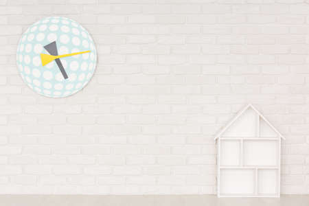 Interior with white doll house wall shelf and designer clock