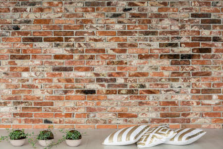 Minimalistic design of loft with red brick wall and golden pillowsの写真素材
