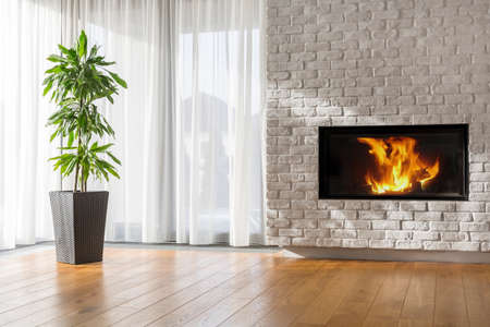 Bright living room with fireplace, brick wall and decorative plantの写真素材