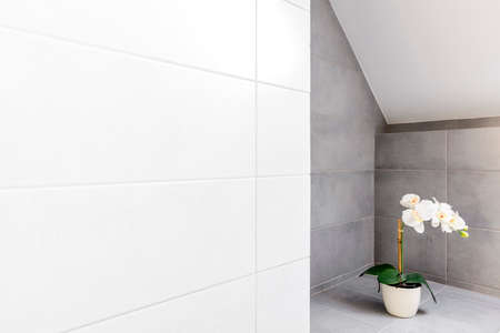 Bathroom with grey and white wall tiling and decorative orchid