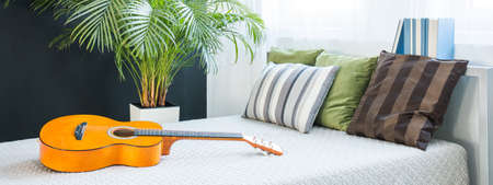 Modern bedroom with green plant and guitar lying on bedの写真素材