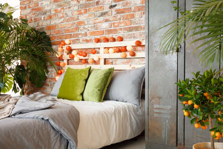 King-size bed and a locker in modern bedroom with plantsの写真素材