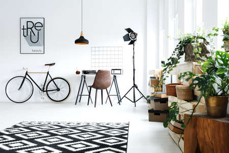 Modern, white room with green plants, carpet, bike, desk, chairの写真素材