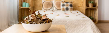 Bright bedroom with autumnal leaves and pillowsの写真素材