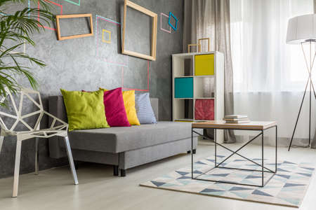 Light flat with grey sofa, colorful pillows and windowの写真素材