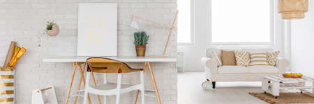 White desk by the white brick wall in living roomの写真素材