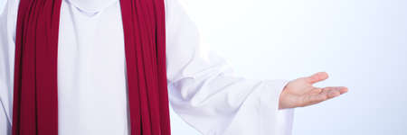 Resurrected Jesus Christ praying with his arms openの写真素材