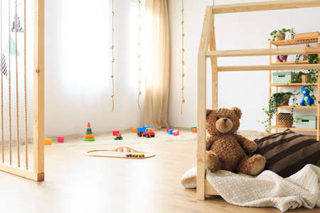 Eco friendly materials and ropes in minimalist ethereal kids roomの写真素材
