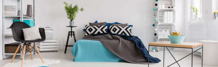 Interior of spacious modern bedroom - panoramic viewの写真素材