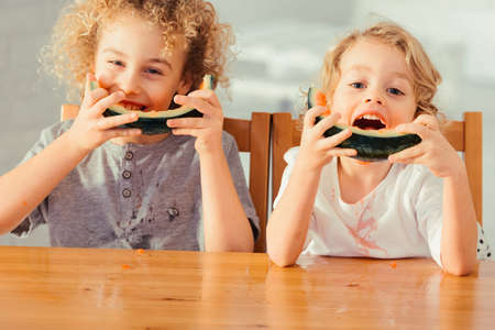 Two little brothers in dirty shirts eating watermelonの写真素材