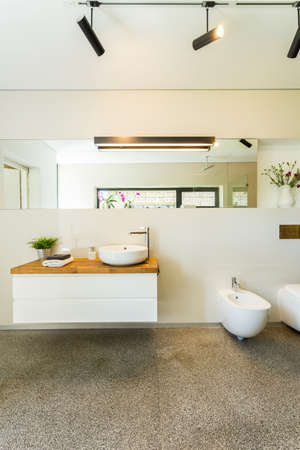 Spacious modern bathroom with a big mirror and white tilesの写真素材