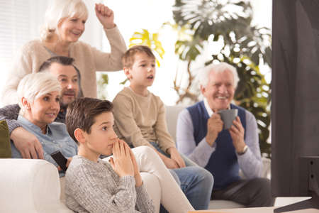 Family watching game together and cheering a team