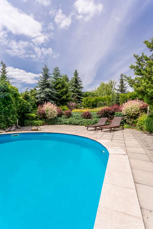 Image of a modern luxurious villa garden with a pool, two sun loungers in the backgroundの写真素材