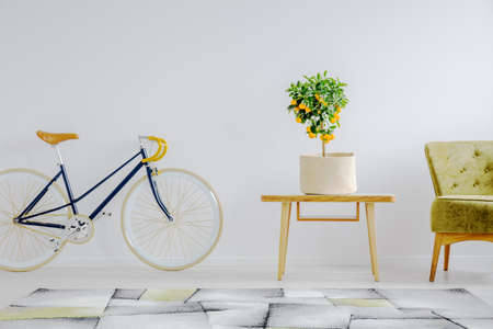 Bicycle, coffee table and armchair in stylish interior