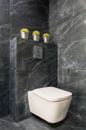 Modern bathroom with white toilet seat and grey stone tilesの写真素材