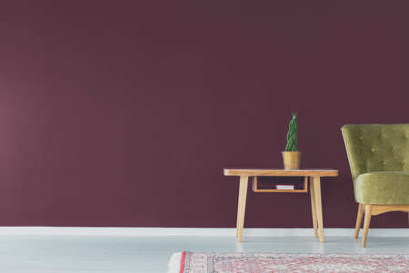 Intensive burgund wall contrasting with green vintage armchairの写真素材