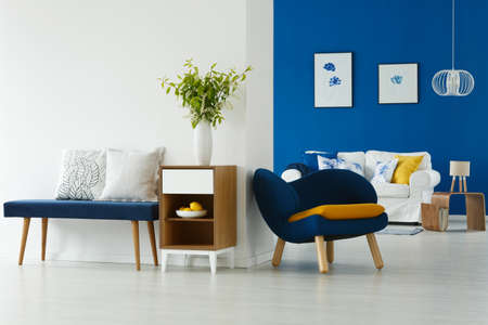 Blue and white living room interior with modern furniture