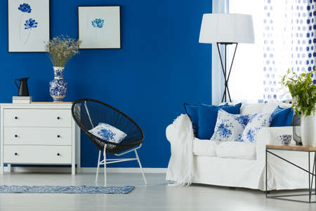 Flowery accessories in blue and white living roomの写真素材