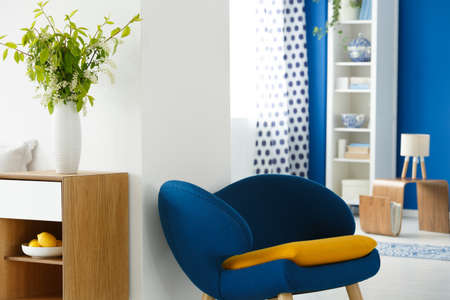 Blue chair and vase with flowers in cozy modern living room