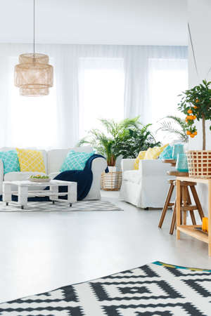 Bright elegant decorated living room in stylish cozy apartmentの写真素材