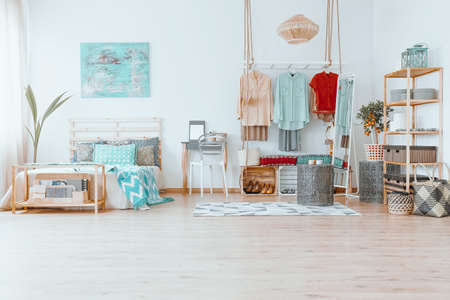 Spacious cozy bright room with small rug and creative wardrobe