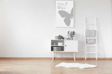 White wooden cupboard with round cardboard boxes and fluffy rug in the room