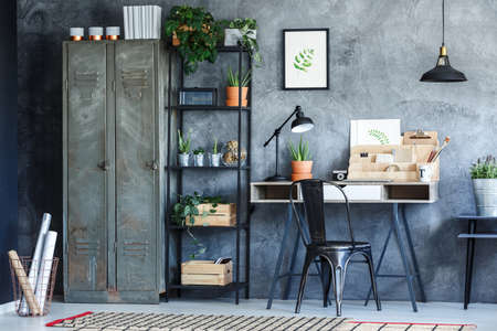 Industrial office room with plants illustration and vintage furniture