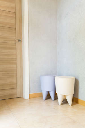 Room with peculiar poufs in the shape of a forelegの写真素材