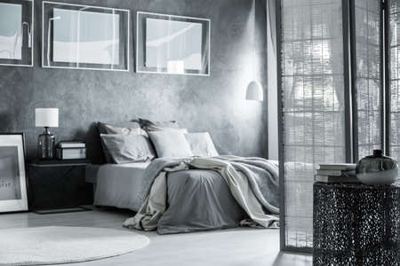 Scandinavian apartment with gray bedroom decor, room divider and minimalist furnitureの写真素材