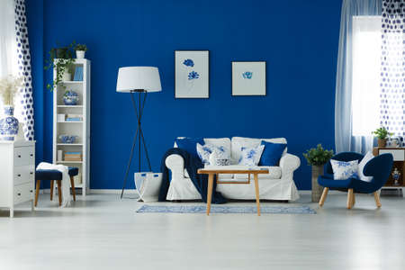Blue wall in spacious living room with white wooden floorの写真素材
