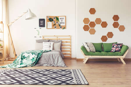 Spacious open plan apartment in eco style with couch, bed, lamps, rug, posters and botanic green...