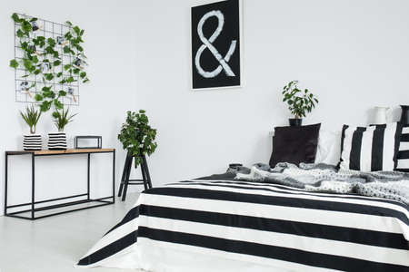 Black, white and striped pillow on king-size bed with grey blanket in bright bedroom with black...