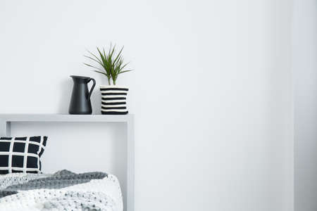 Black milk jug next to plant in striped material pot on bolster of king-size bed with checkered pillowの写真素材