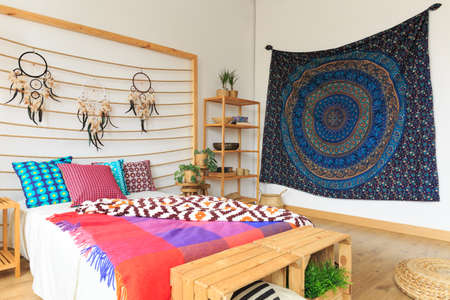 Multicolor bedroom with ethnic ethereal design and styleの写真素材