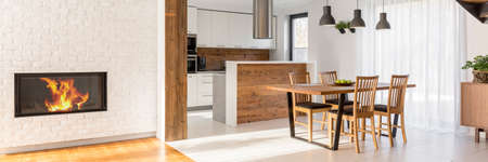 Spacious modern house with kitchen connected with loungeの写真素材