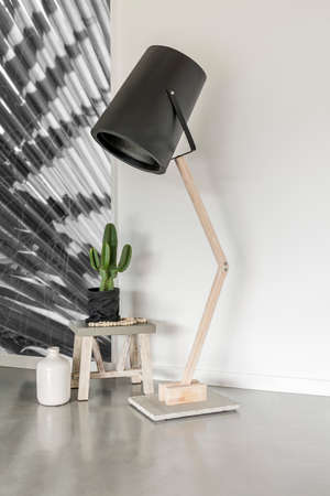 Modern lamp in a minimalist room with a cactus on a stoolの写真素材