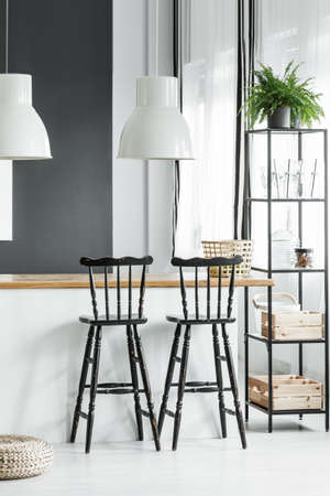 Plant on black shelf next to black bar stools at countertop with white lamps in rustic dining roomの写真素材