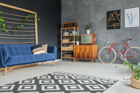 Comfy blue sofa with decorative cushions and wooden furniture