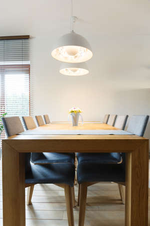 Stylish dining room with wooden floor, white walls and lamps